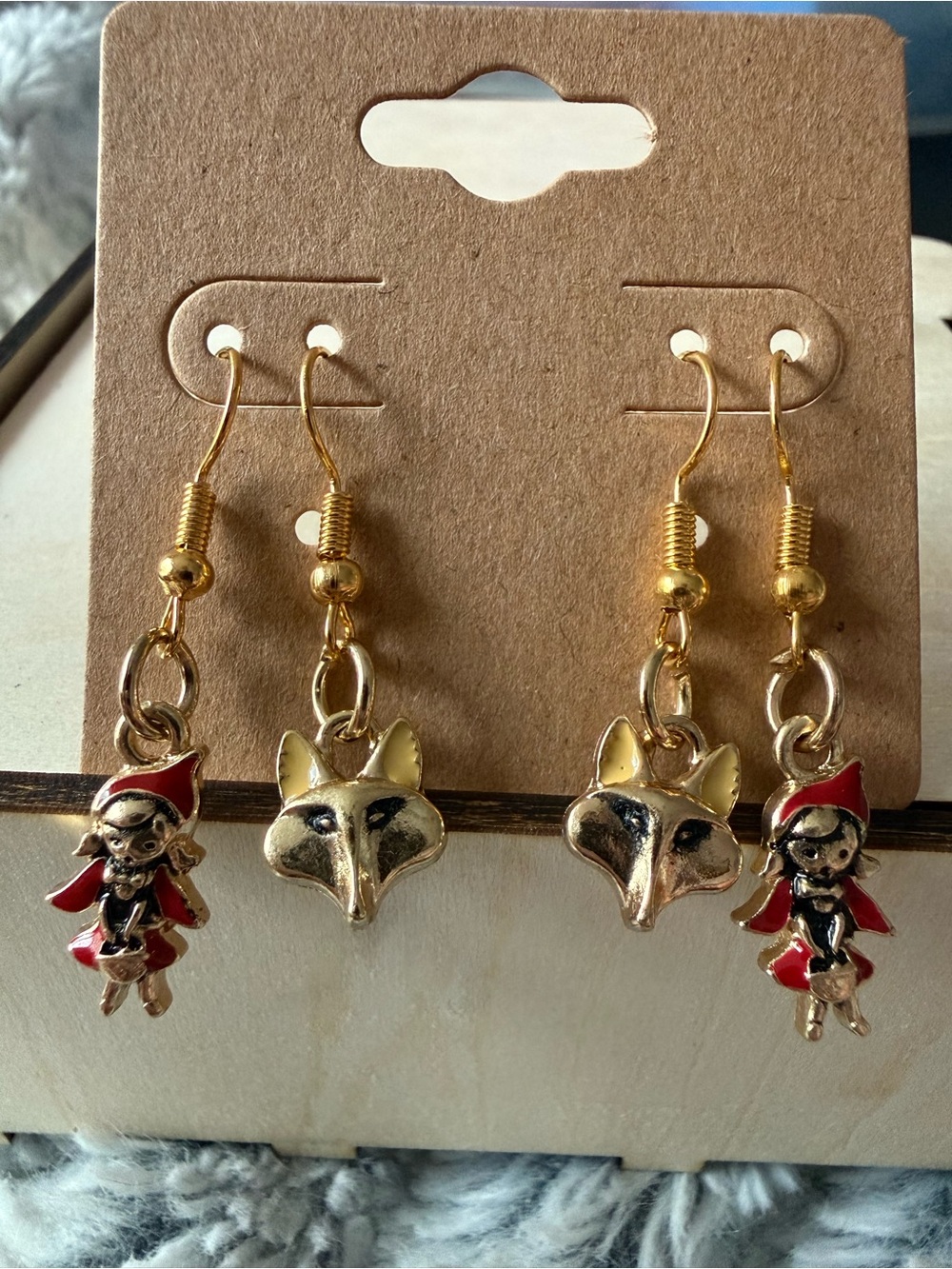 Gold Fox & Red Hood Dangle Earrings